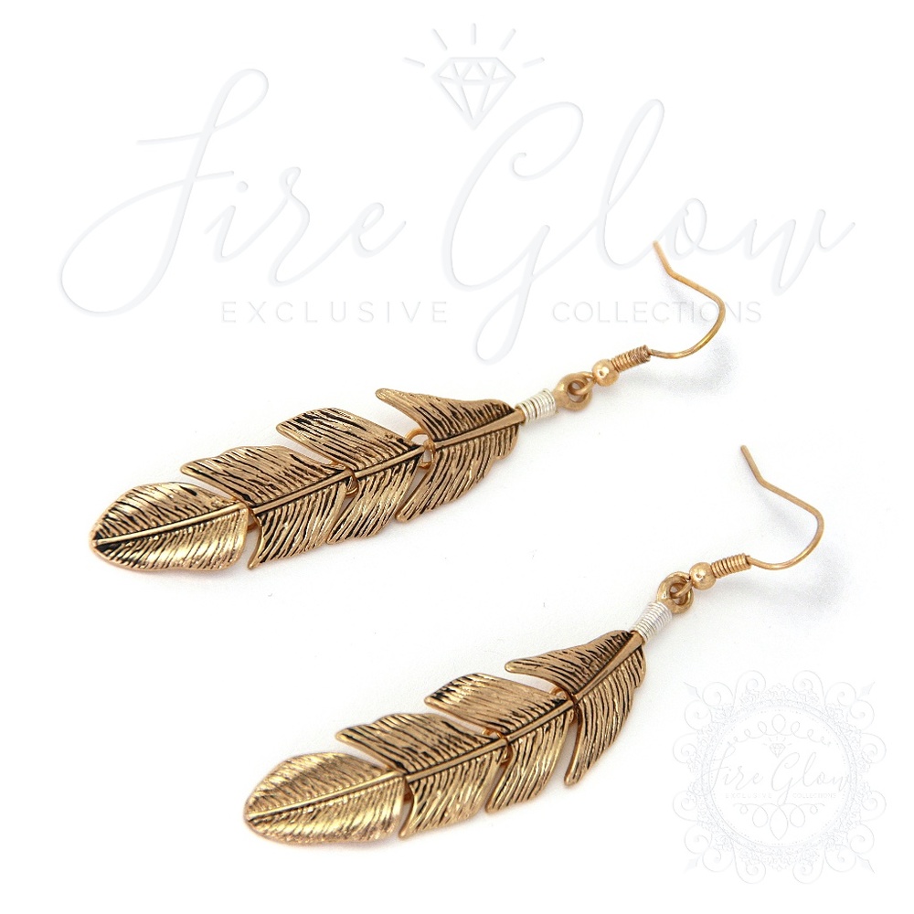 Boho Chic Gold Tone Dangling Feather Earrings